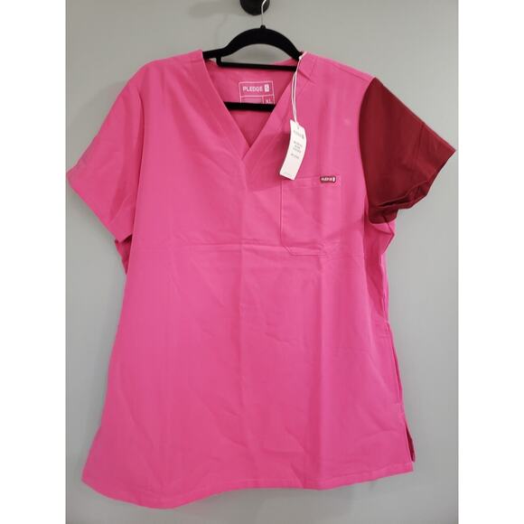 NEW XL Pledge 5 Pink Burgundy V Neck Snap Scrub Nursing‎ Medical Top Shirt - Picture 1 of 4